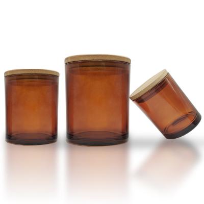 China Gift & 7oz 8oz 10oz 14oz clear amber glass craft candle jars with bamboo lid / glass candle making jars with wooden lid for sale