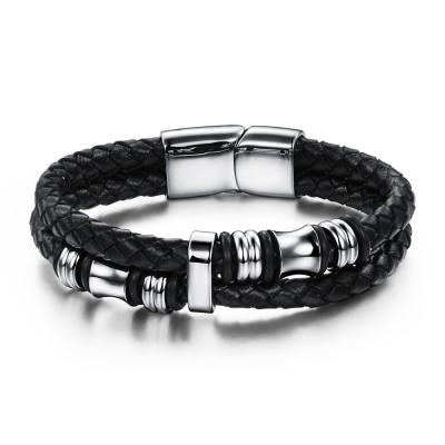 China Fashion Wholesale Personality Simply Best Selling Stainless Steel Leather Men's Stack Bracelets Bangles for sale