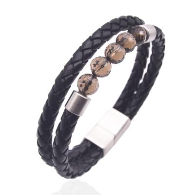 China Latest TRENDY Fashion Genuine Stainless Steel Black Braided Beaded Customizable Luxury Natural Stone Bangle Male Leather Band Bracelet for sale