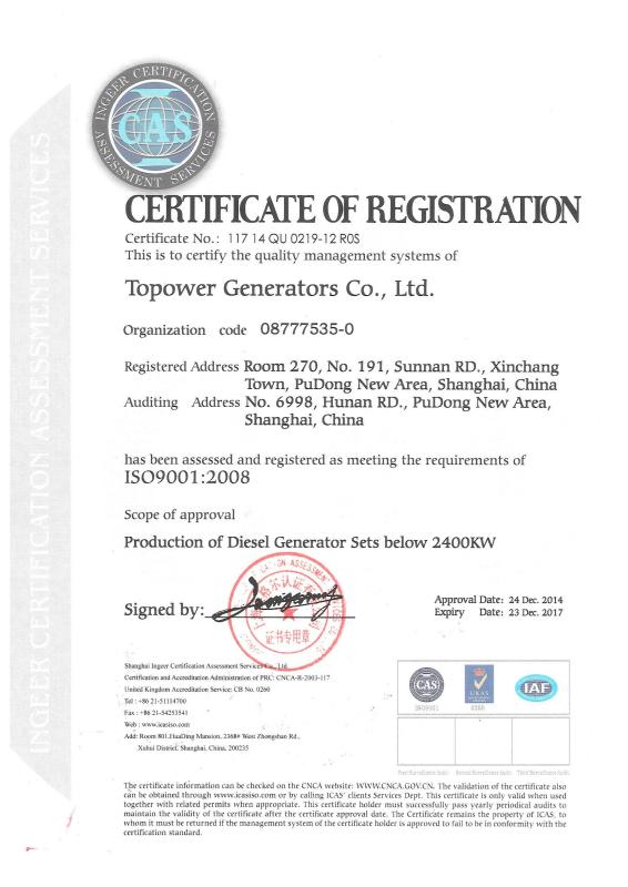 ISO9001:2008 - TOPOWER GENERATORS CO.,LTD