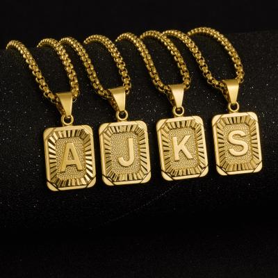 China Trend Fashion Gilded Letter Necklaces Cheap A-Z 26 Uppercase Square Gold Metal Pendant Necklaces for sale