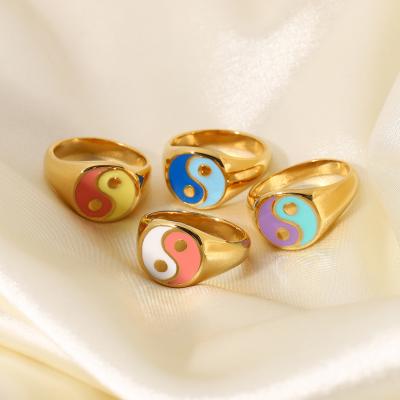 China Fashion Fashion Taiji Bagua Yin Yang Ring 18K Gold Plated Stainless Steel Chunky Finger Ring Enamel for sale