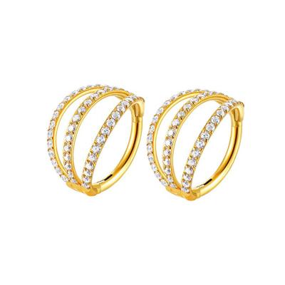 China 3 Layers Punk Cubic Zirconia Fork Setting Ring Segment Huggie Jewelry Body Piercing 316 Stainless Steel Septum Gold Plated Nose Rings Circles for sale