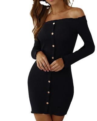 China S1229 Fashionable Anti-Static Women Dress Solid Long Sleeve Button Off Shoulder Casual Cotton Bodycon Mini Evening Party Dresses One Pieces for sale