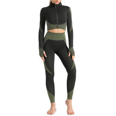 China Seller Zipper Crop Long Sleeve Waterproof Warm Shirt Seamless Plus Size Leggings Two Piece Yoga Set Women Sport Wear for sale