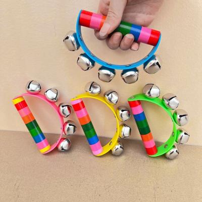 China Musical Baby Wooden Toys Stick Kids Bells Kids Rainbow Hand Shake Bell Claps Baby Toy Musical Educational Instrument for sale