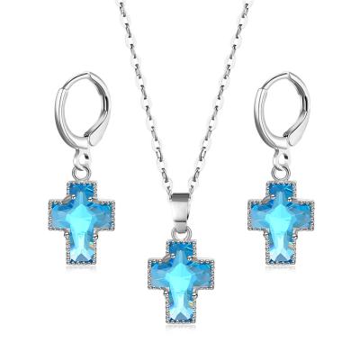 China FASHION White Crystal Cross Necklace Earrings 3 Time Plated Prevent Allergy Women Girl Children Blessing Jewelry Sets for sale