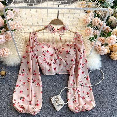 China CUBEAR Puff Sleeve Breathable Soft Floral Short Waist Shirt Chiffon Top for sale