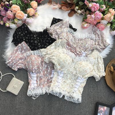 China CUBEAR Bandage Girls Breathable Lace Soft Square Collar Top Waist Slimming Short Blouse Women for sale