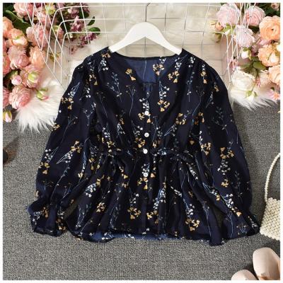 China CUBEAR Small Breathable Fresh Floral V-Neck Trumpet Sleeve Sweater Shirt Women Spring And Summer Korean Blouse The New for sale