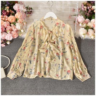 China CUBEAR Breathable Chiffon Shirt Breathable Autumn Printed Ladies Blouse Soft Ruffled Top for sale