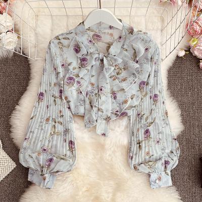 China CUBEAR Style Retro V-Neck Blouse Bow Sleeve Breathable French Girly Flare Sleeve Sheer Print Western Top for sale