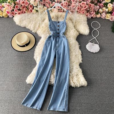 China Sleeveless Halter Front Button Women Demin CUBEAR Street Style Breathable Plain Pattern Jumpsuits for sale