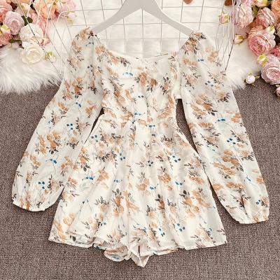 China QUICK DRY Korean CUBEAR Autumn and Winter Overalls New V-Neck Puff Sleeves Pleated Slim Wide-Leg Floral Pants for sale