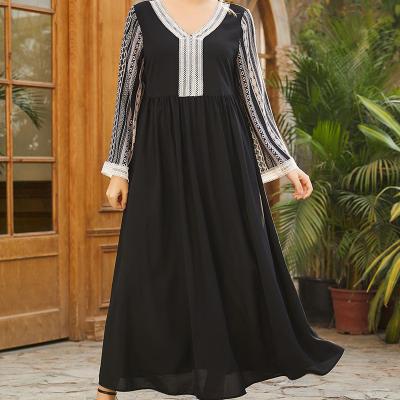 China Plus Size Women's Anti-Static V-Neck Casual Dresses Fashion Long Sleeve Copy Stitching Pleated Waist Balancing Black Fashion Long Skirt for sale