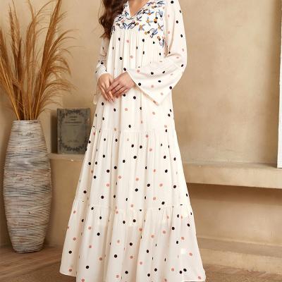 China YHM0070 Anti-Static Plus Size Women's V-Neck Fashion Long Sleeve Polka Dot Printing Quilting Big Swing Multilayer Pleated Muslim Dress for sale