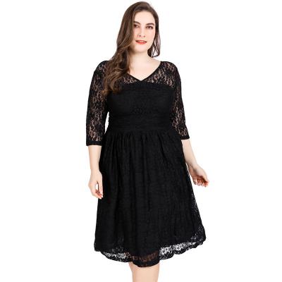 China Summer Viable Plus Size V Neck Dress Lace CUBEAR Three Quarter Sleeves Crochet Hollow Out Sexy Backless Dress Midi Length Dress for sale