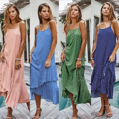 China Summer Breathable Women's CUBEAR Style Polka Dot Print Spaghetti Strap Casual Ruffle Maxi Long Dress Sexy Ruffle Edge for sale