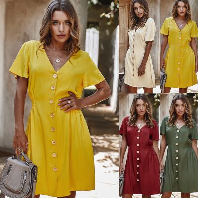 China CUBEAR Summer Elegant Style Solid Color Kind Sleeve V Neck Breathable Causal Button Down Simple Loose Women Mini Dress for sale