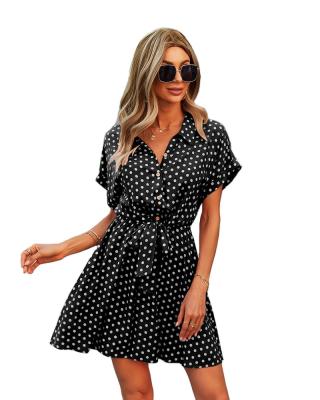 China CUBEAR Summer Breathable Polka Dot Lapel Causal V-Neck Button Up Black Short Sleeve Women String T Shirt Mini Dress for sale