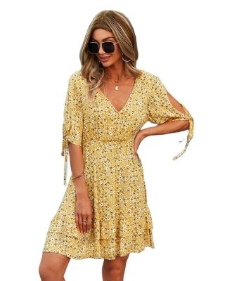 China CUBEAR Waist Ruffle Edge Ruffle Waist Short Mini Sun Dress Summer Floral Print Self Tie Half Sleeve Casual Disheveled V-Neck High Short Mini Sun Dress for sale