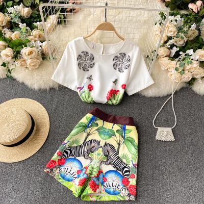 China CUBEAR Casual Style QUICK DRY Floral Short Sleeve Pattern Back Button Around Neck Tee Side Zipper Animal Pattern Shorts Two Piece Sets for sale