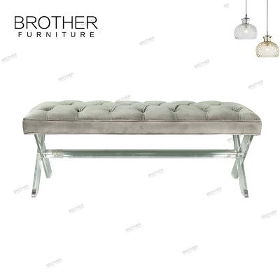 China Tufted Fabric+Acrylic Feet Frame Acrylic Rectangle Velvet Metal Bench Foot Rest Stool for sale