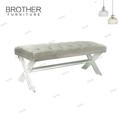 China Wooden Fabric+Acrylic Feet Vintage Fabric Ottoman Upholstered Bench For Waiting Room Waiting Bench for sale