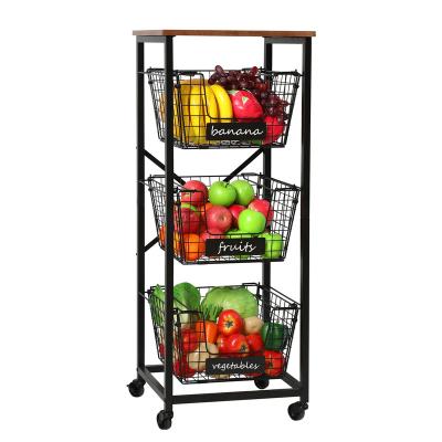 China Sustainable 3 Tier Wire Basket Rack Cart For Fruit Vegetable Rack, Detachable And Foldable Basket Rack With Wheel, Stackable Hanging Storage Bin for sale