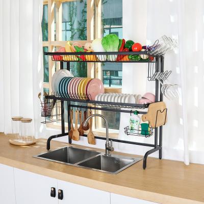 China Kitchen Hatahardware Black Metal 2 Tier Over Sink Kitchen Dish Drying Rack Rack Storage Organizer Dish Rack for sale