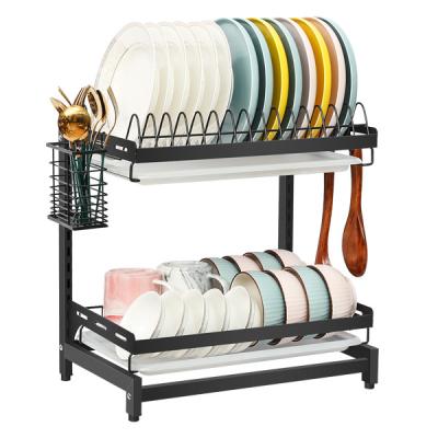 China Durable 2 Tier Stainless Steel Dish Drying Rack With Dish Rack Utensil Hooks, Height-Adjustable Detachable Dish Drainer For Kitchen for sale