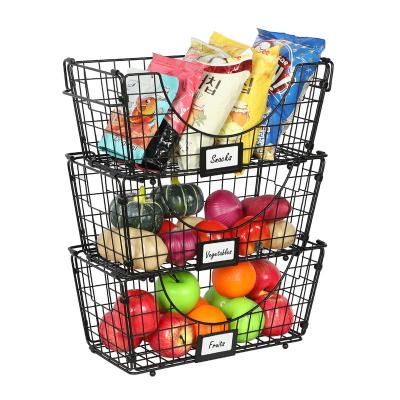 China Viable Stackable Wire Basket with Handle, 3 Pack Foldable Fruit Storage Metal Mesh Basket for Kitchen Countertop Office Cabinet Organizer for sale