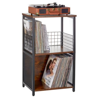 China Living Room Record Storage Table with 2-Tier Cabinet for Albums, Turntable Record Player Rack Display Table for Bedroom Living Room, Brown for sale