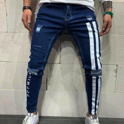 China 2021 Breathable Cotton Denim Pants Jeans Destroyed Letter Printed Slim Ripped Mens Jeans Denim Pants For Men for sale