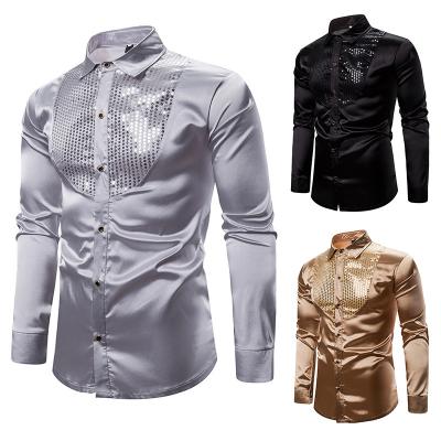 China Sequin Anti-pilling Glitter Men's Shirts New Long Sleeve Satin Disco Party Luxury Silk Shiny Shirt Men's Nightclub Stage Dance Top Prom Costume for sale