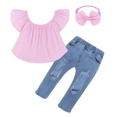 China 2021 Children's clothing lattice suit pink one word shoulder ripped denim casual headband girls pants wholesale clothing for sale