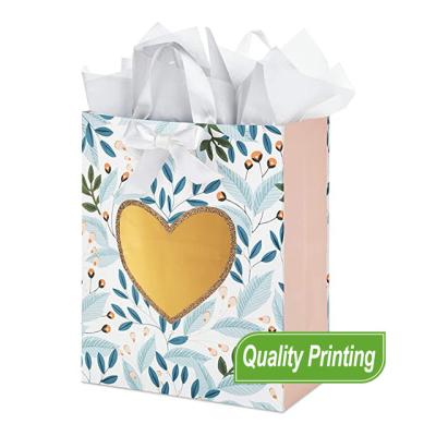 China Recyclable Flower Printing Wedding Bags Gift Paper Bags with Window Gold Heart Ribbon Handle for Weddings Engagements Bridal Showers for sale