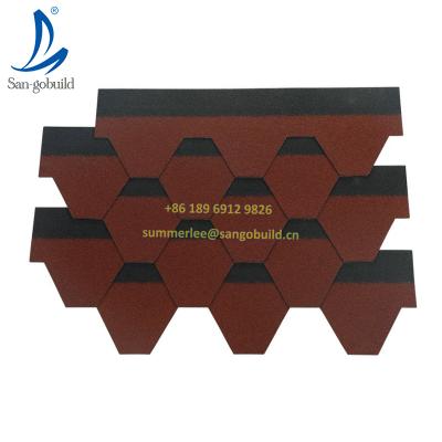 China Hexagonal Type Stone Chips Coated Asphalt Roof Tile Windproof Fiberglass Roofing Mosaic Shingle for sale