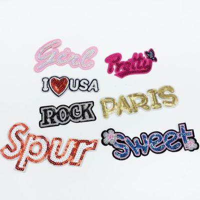 China Viable puffy sequin letter patch iron-on embroidery custom sequin patches embroidery in stock for sale