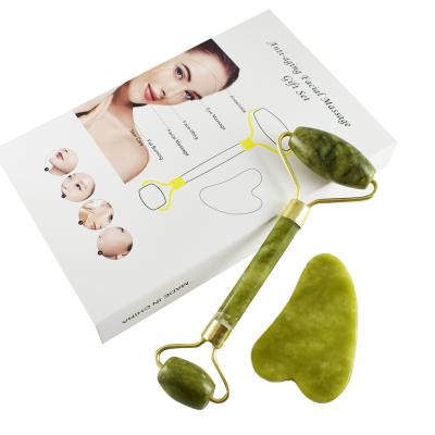 China Whitening Fits Face 100% Natural Facial Massage Guasha Quartz Facial Green Jade Roller for sale