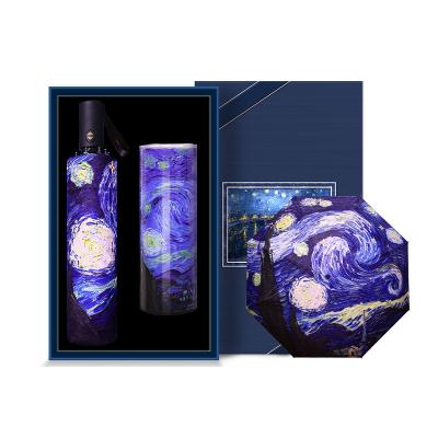 China High-quality New Business Company Agriculture Meeting Souvenir 2 In 1 Van Gogh Art Umbrella And Thermos Cup Starry Sky Gift Set for sale