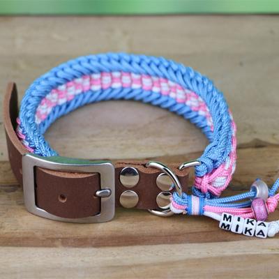 China Light Blue White Macrame Stocked Rose Rainbow Dog Chain Collar Necklaces Collar Macrame with Name Tag and Leather Adapter for sale