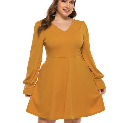 China 2020 Fashion Anti-Static Women's Solid Color Casual V-Neckline Women's Long Sleeve Plus Size Dress for sale