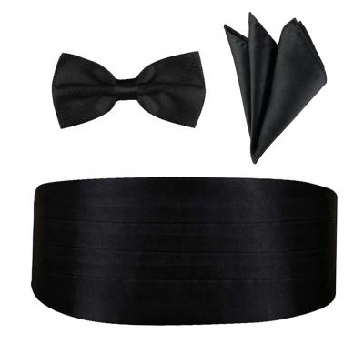 China Adjustable Black Bow Tie Pocket Square Decoration Tie Polyester Satin Wide Color Elastic Waistband Set In Cloth Belts For Adult for sale