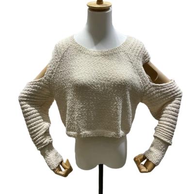 China Anti-Wrinkle Women Knit Sweater Fuzzy Ripped Long Sleeve Round Neck Stripe Tops For Women for sale