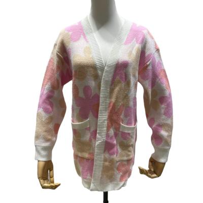 China Anti-wrinkle women customized cardigan long sleeve flowers knitwear OEM ODM casual loose sweater for ladies for sale