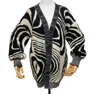 China Anti-wrinkle Women V-neck Long Cardigan Abstract Marble Open Front Sweater OEM ODM Customized Cardigan For Ladies for sale