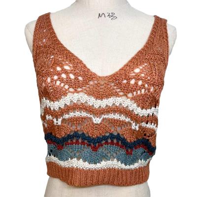 China Anti-wrinkle V-Neck Color Block Hollow Out Vest Abstract Vacation Summer Beach Sexy Tank Top Knit Sweater OEM ODM for sale