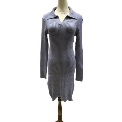 China Anti-static Blue V-neck Long Sleeve Lapel Sweater Dress Slim Fit Women Stripe For Woman for sale