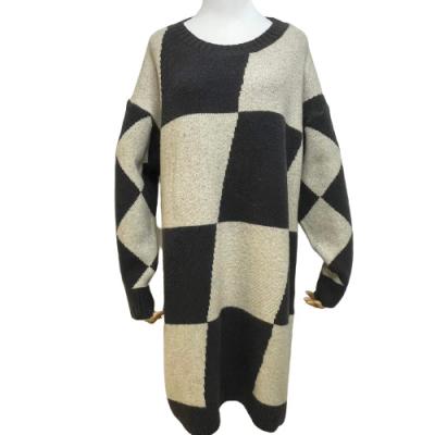 China Anti-Static Crew Neck Maxi Color Block Dress Casual Plus Size Argyle Pattern Sweater Irregular Splice Dress Long Sleeve Oversized for sale